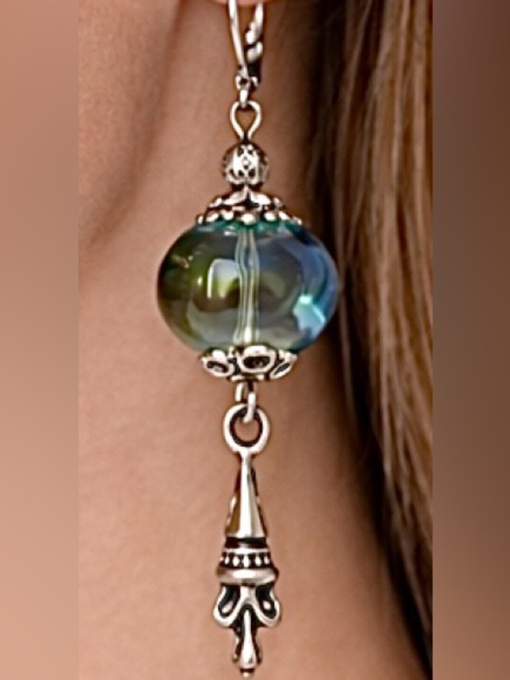 Iridescent Czech Glass Boho Earrings, Silver Dangle, MTO - Picture 6 of 11